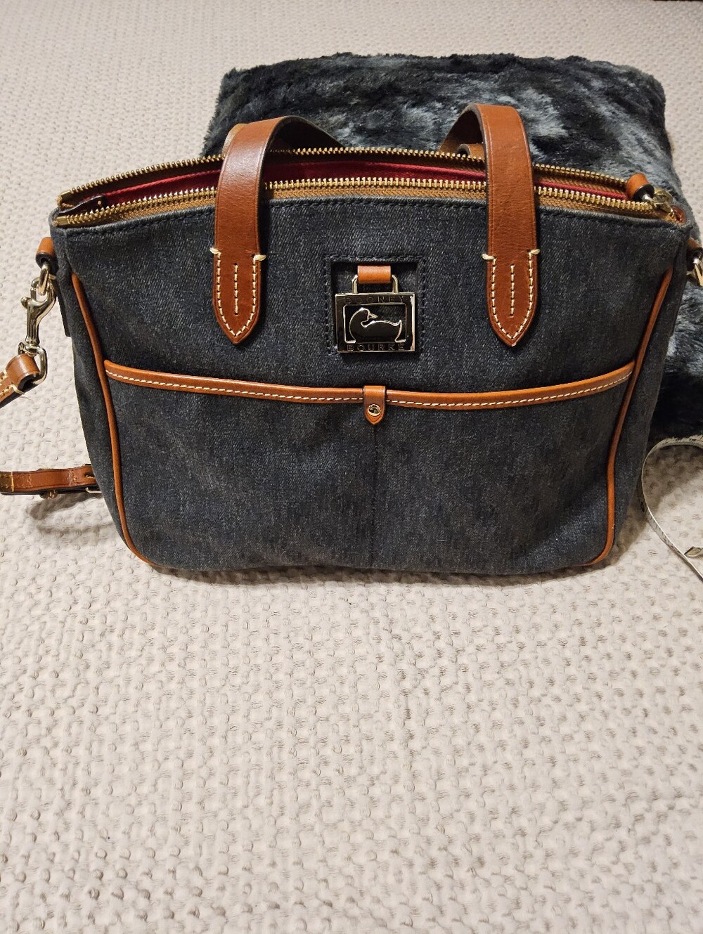 Dooney & Bourke Canvas and Leather Satchel Bag - Black with Tan Trim
